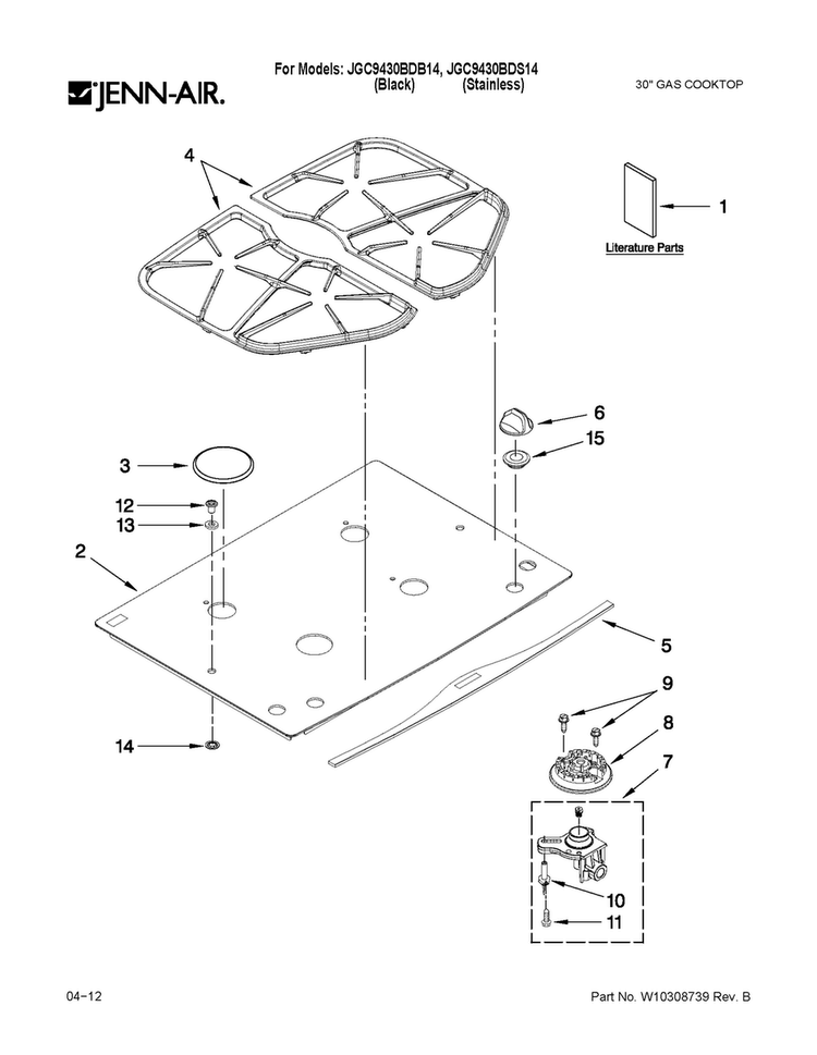 Cooktop, Burner And Grate Parts Diagram and Parts List for JGC9430BDS14  Jenn-Air Cooktop