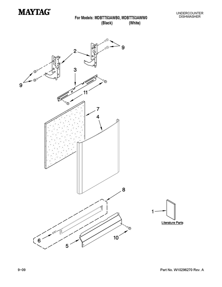 Door And Panel Parts Diagram and Parts List for MDBTT53AWW0  Maytag Dishwasher