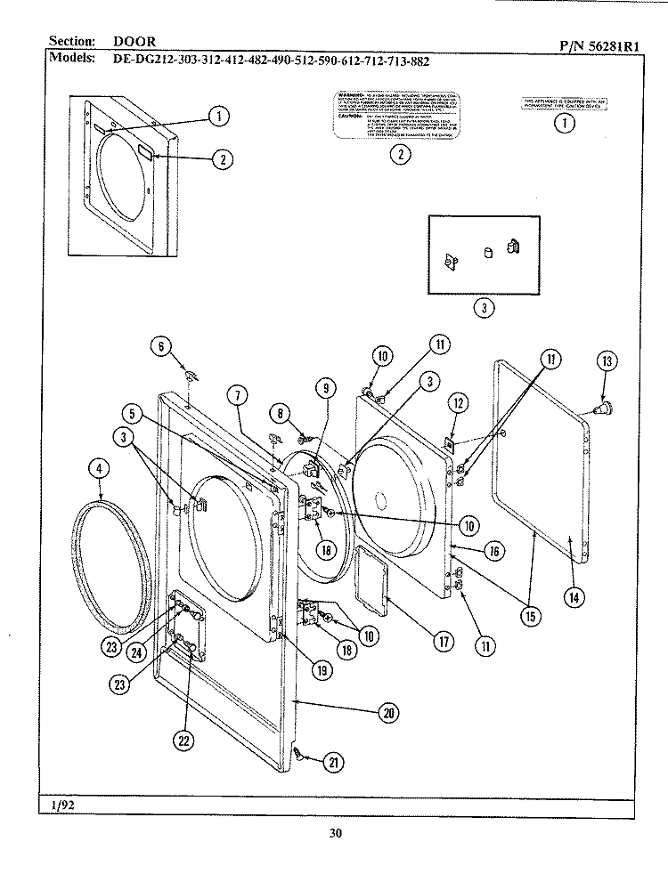 DOOR Diagram and Parts List for DE212  Maytag Dryer