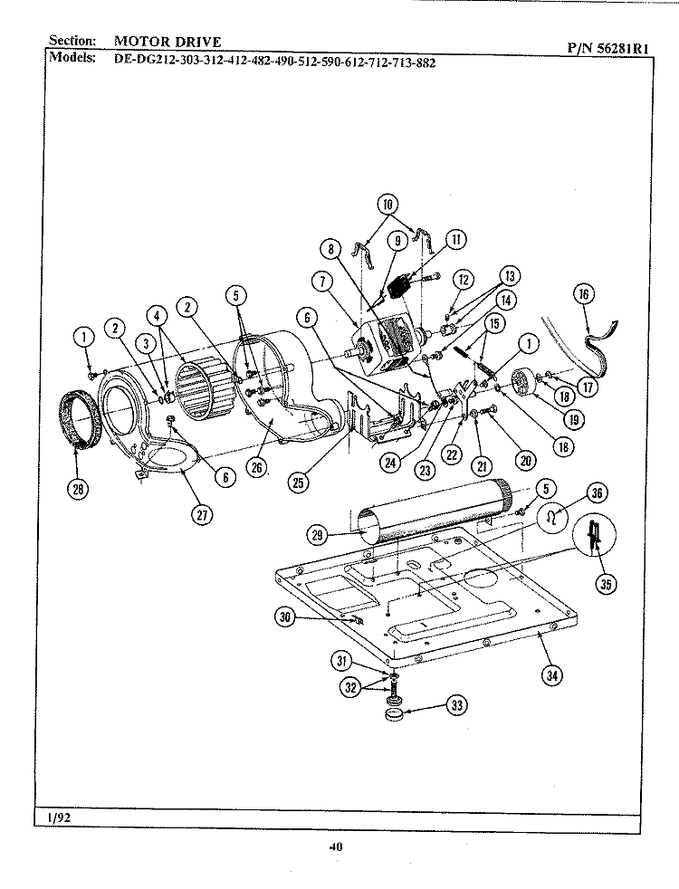 MOTOR DRIVE Diagram and Parts List for DE212  Maytag Dryer