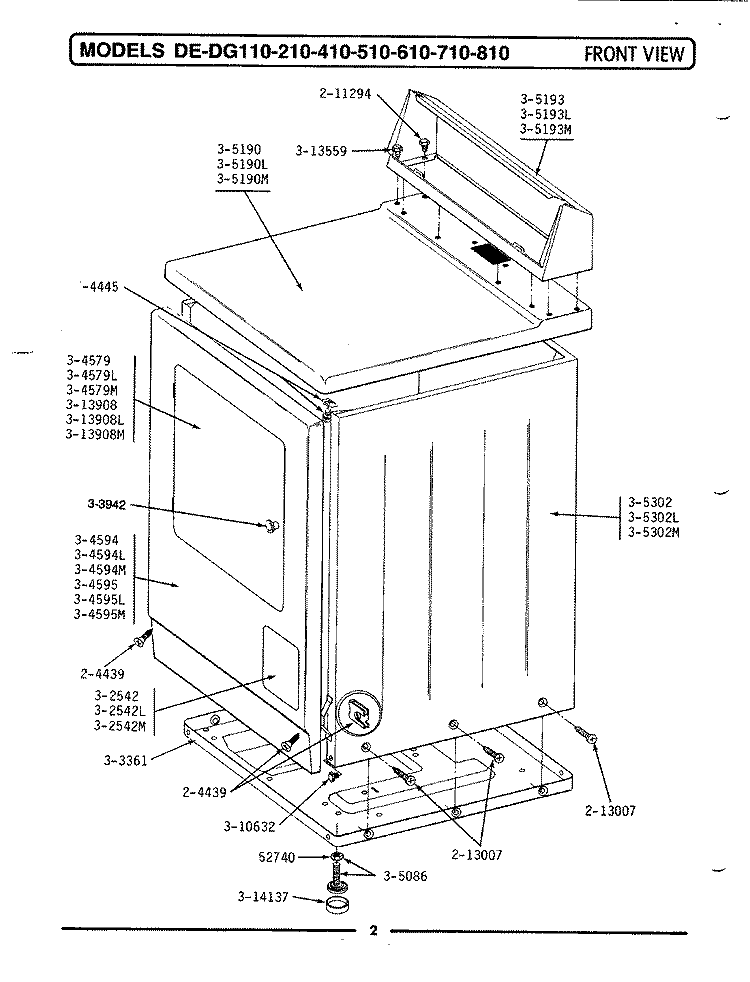 FRONT VIEW Diagram and Parts List for DE210  Maytag Dryer