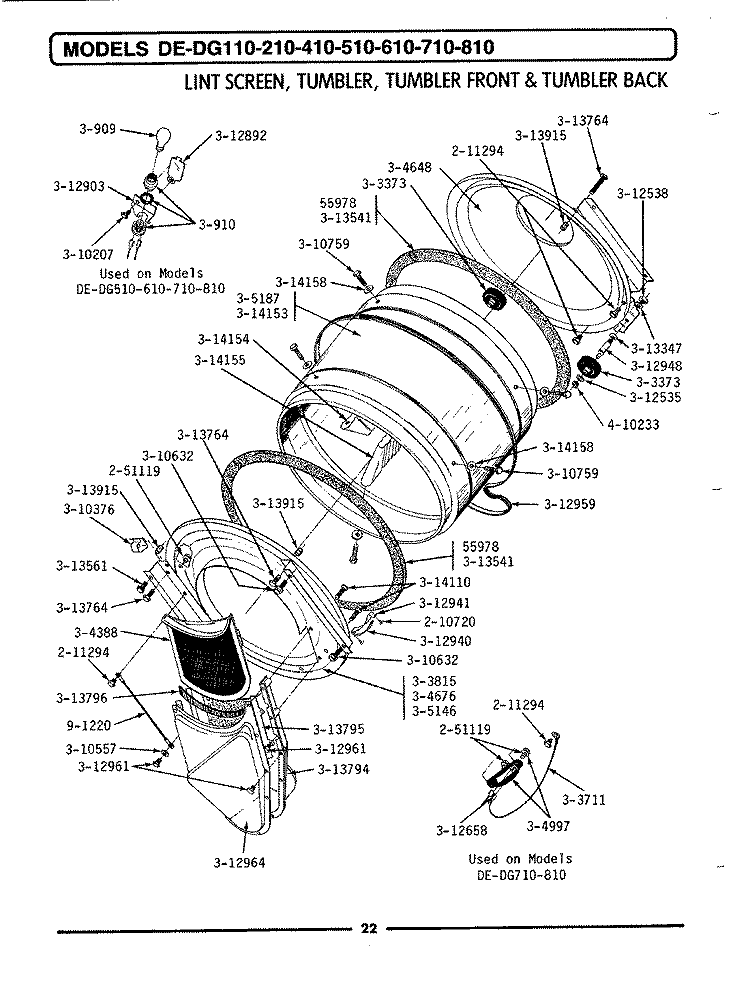 LINT SCREEN, TUMBLER (FRONT & BACK) Diagram and Parts List for DE210  Maytag Dryer