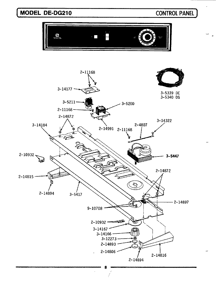 CONTROL PANEL Diagram and Parts List for DE210  Maytag Dryer