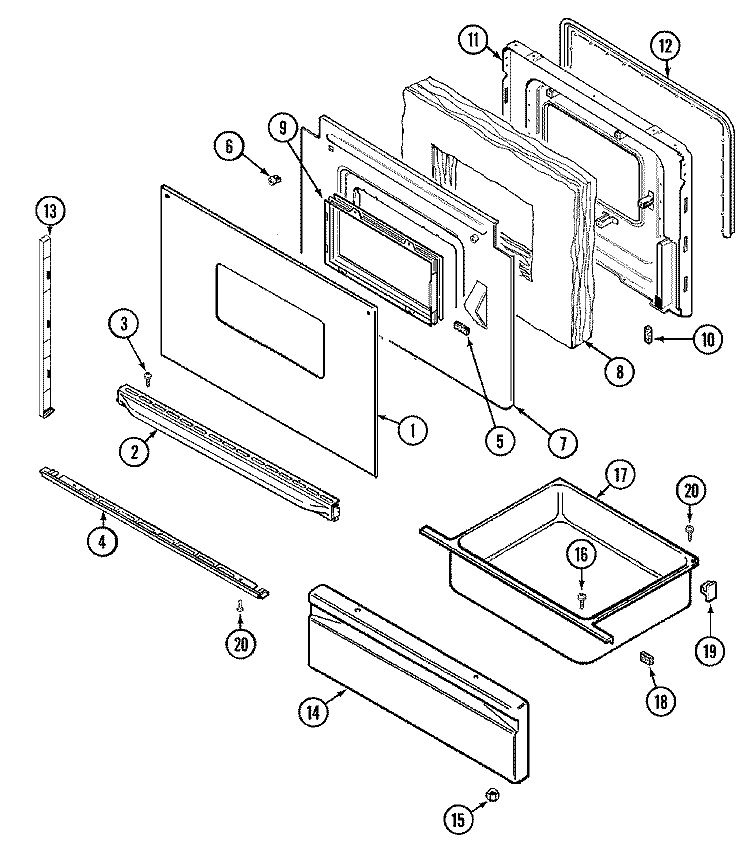 DOOR / DRAWER Diagram and Parts List for 3527XRA  Magic Chef Range