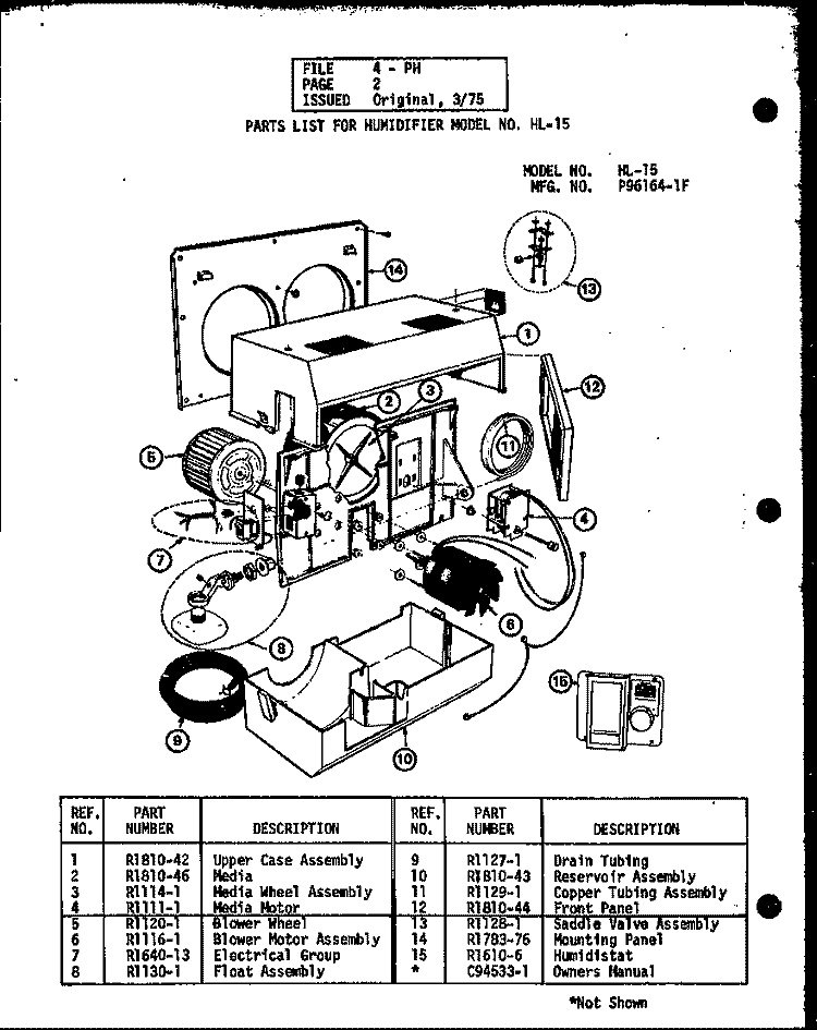 POWER HUMIDIFIER Diagram and Parts List for HL68Q P9615901F Amana Dehumidifier