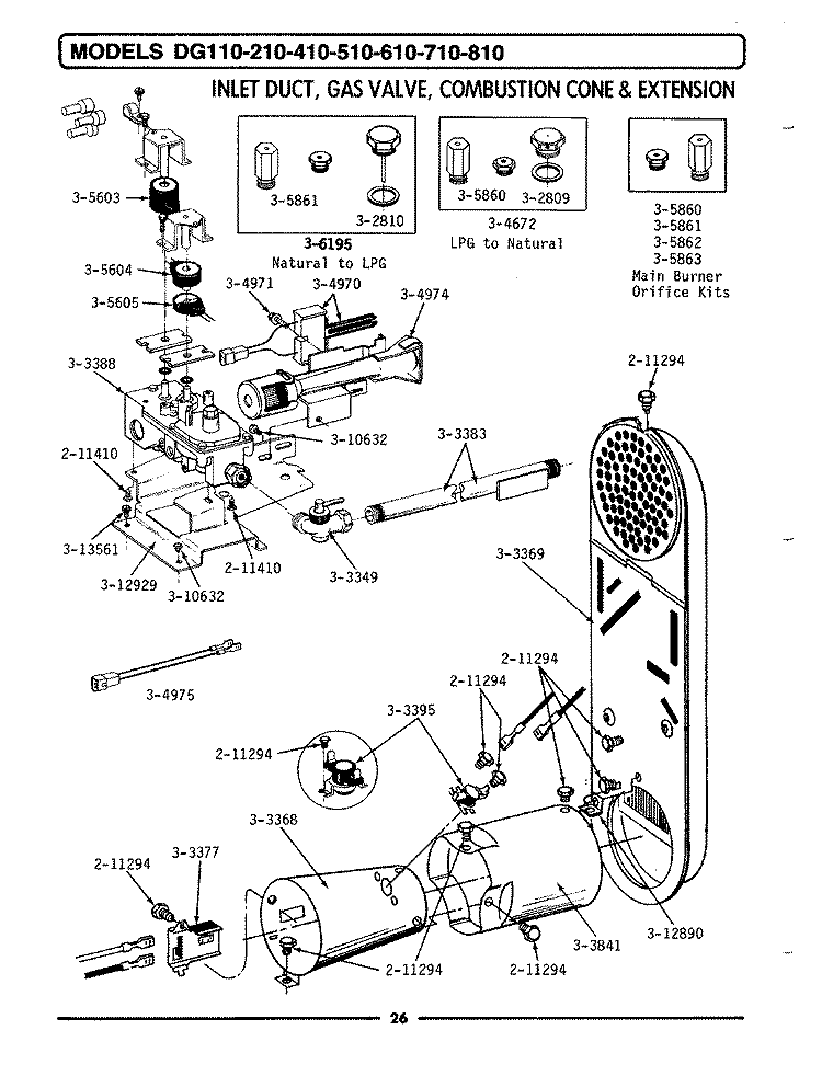 INLET DUCT, GAS VALVE, CONE & EXTENSION Diagram and Parts List for GDG410  Maytag Dryer