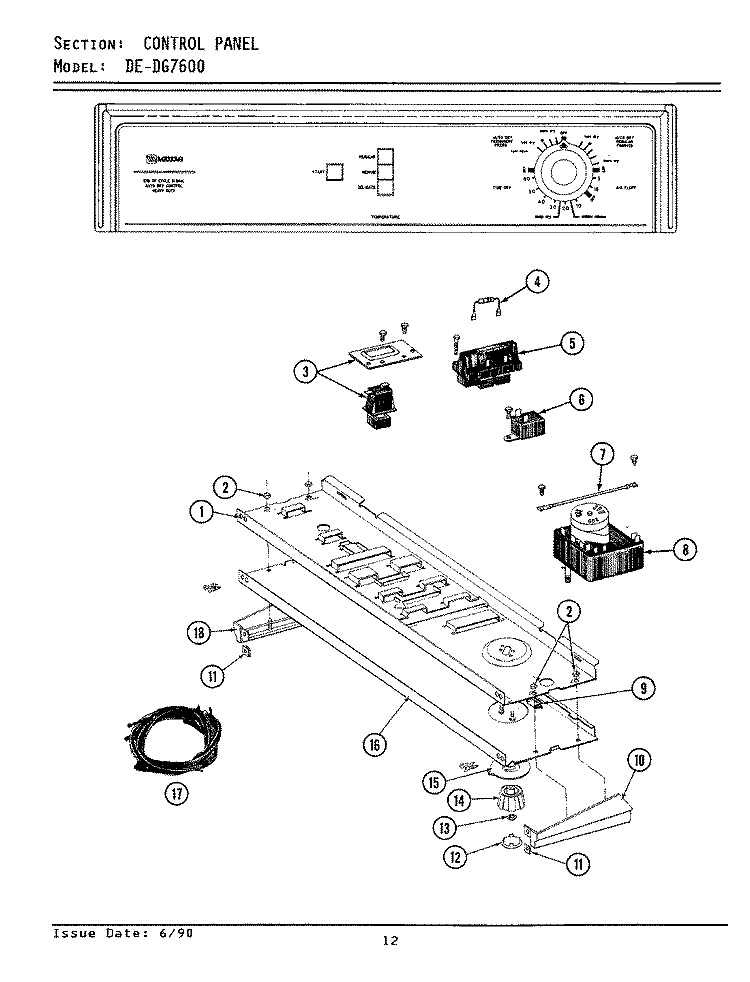CONTROL PANEL Diagram and Parts List for GDG7600  Maytag Dryer