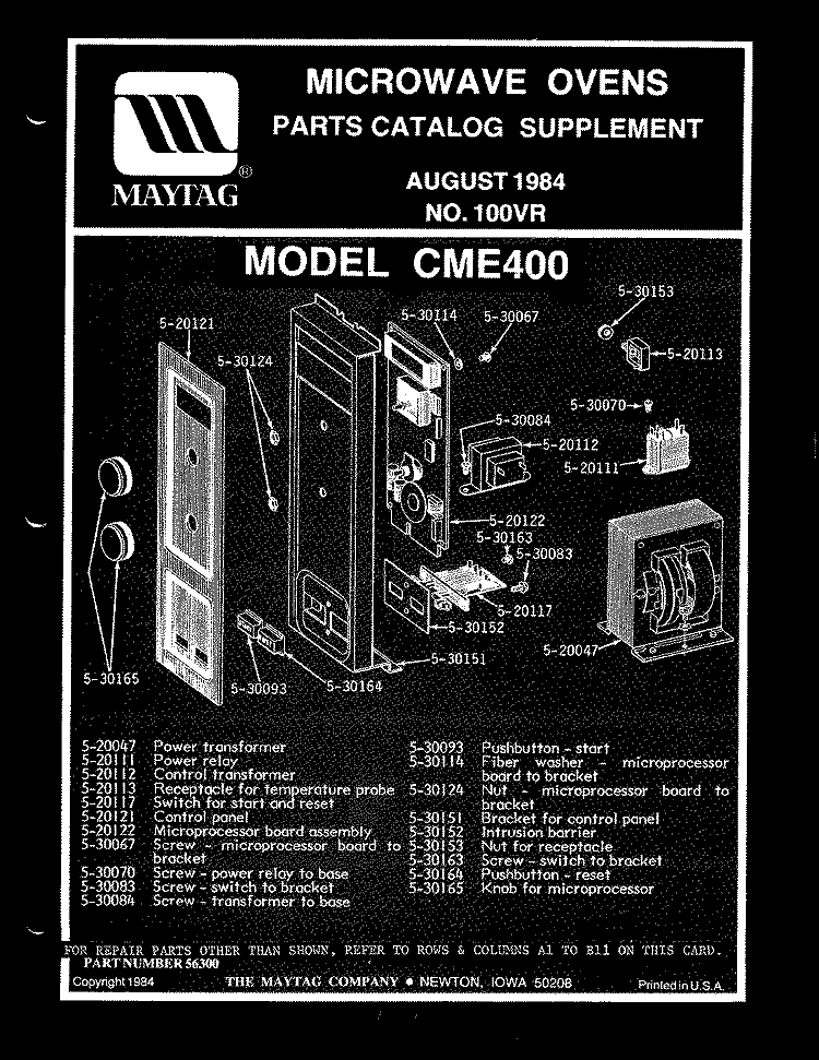 CONTROL PANEL & TIMER (CME400) Diagram and Parts List for CME400  Maytag Microwave