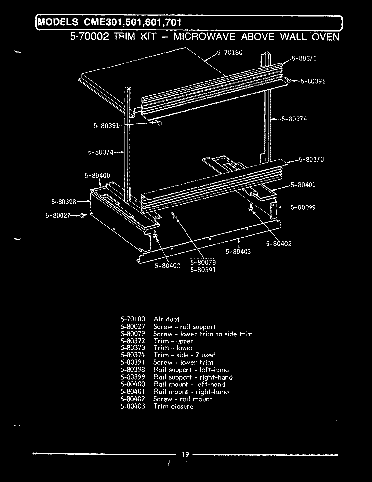 TRIM KIT (ABOVE WALL OVEN) Diagram and Parts List for CME701  Maytag Microwave
