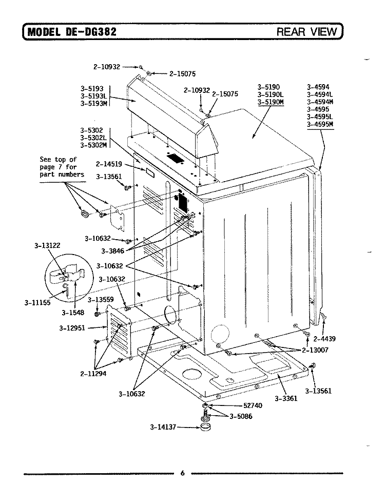 REAR VIEW Diagram and Parts List for DE382  Maytag Dryer