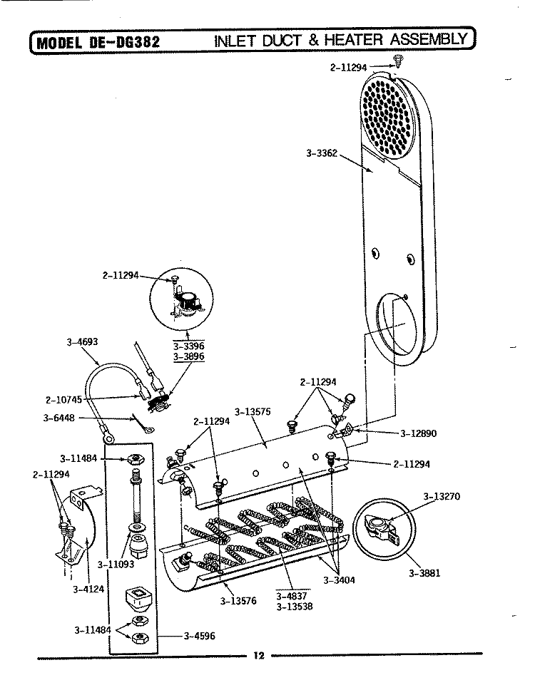 INLET DUCT & HEATER ASSEMBLY Diagram and Parts List for DE382  Maytag Dryer