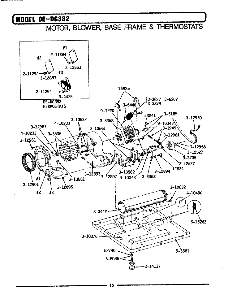 MOTOR \ BLOWER \ BASE FRAME \ THERMOSTATS Diagram and Parts List for DE382  Maytag Dryer