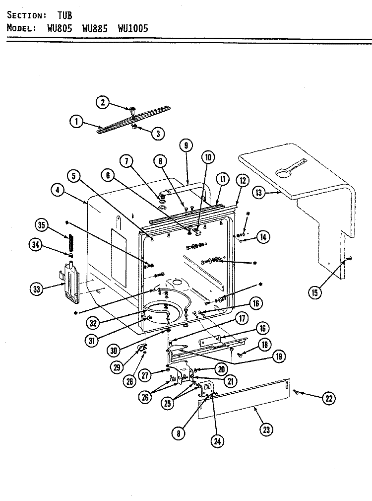 TUB Diagram and Parts List for WU885  Maytag Dishwasher