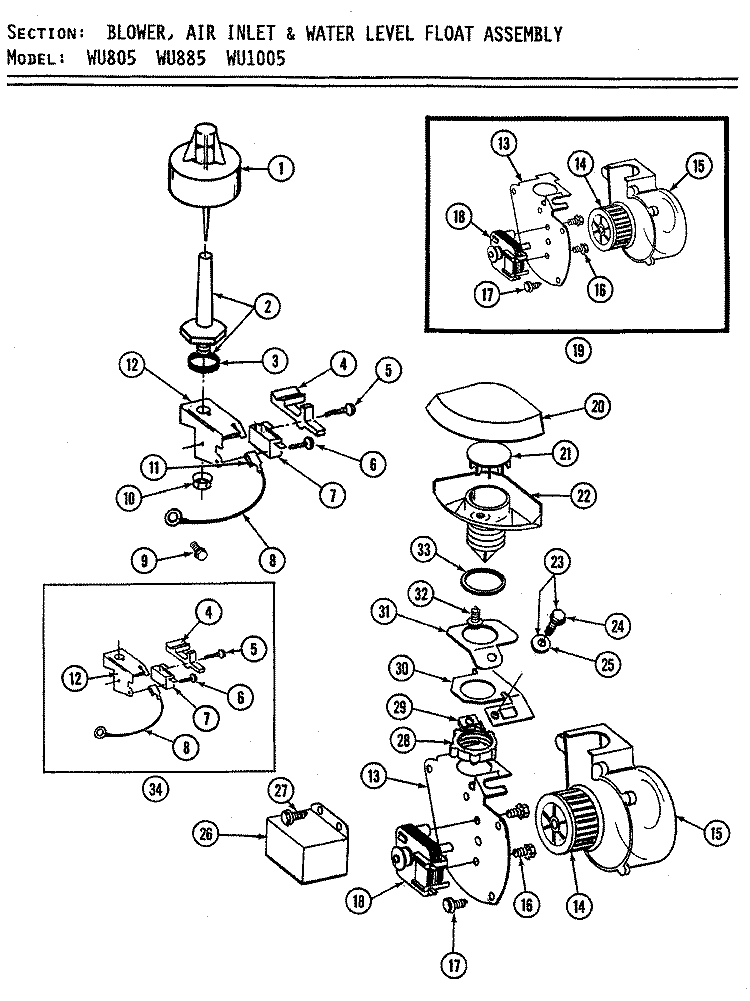 BLOWER / AIR INLET & WATER LEVEL FLOAT Diagram and Parts List for WU885  Maytag Dishwasher