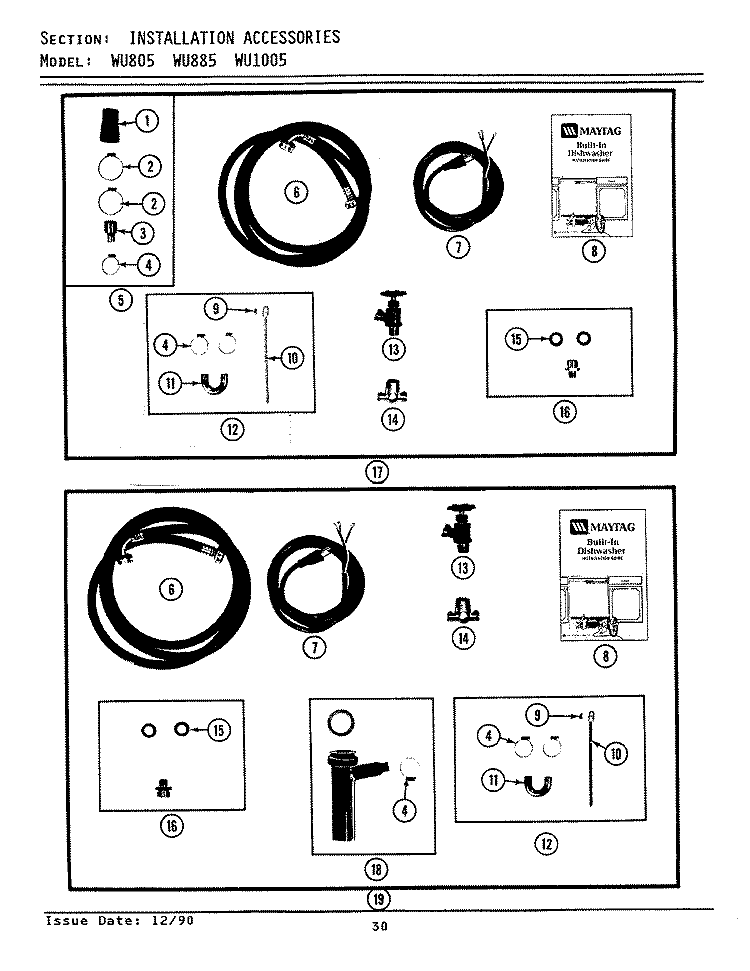 INSTALLATION ACCESSORIES Diagram and Parts List for WU885  Maytag Dishwasher