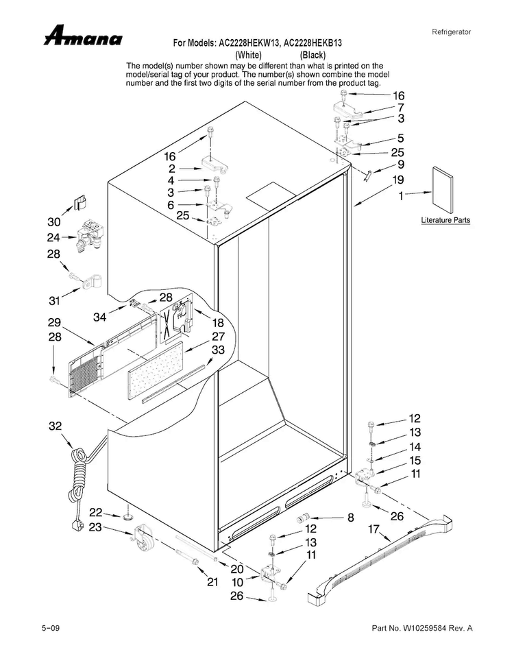 Cabinet Parts Diagram and Parts List for AC2228HEKW13  Amana Refrigerator