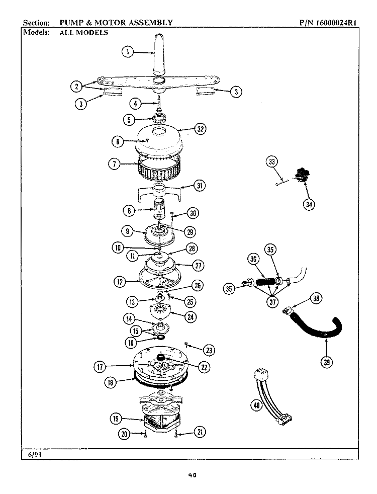 PUMP & MOTOR ASSEMBLY Diagram and Parts List for WC504  Maytag Dishwasher