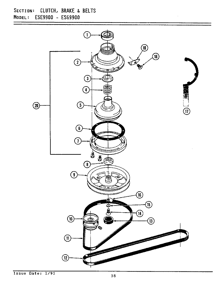 CLUTCH, BRAKE & BELTS (ESE9900, ESG9900) Diagram and Parts List for ESE9900  Maytag Washer Dryer Combo