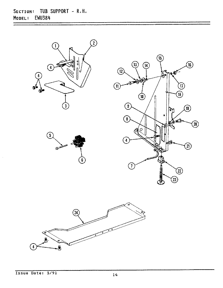 TUB SUPPORT (RIGHT) Diagram and Parts List for EWU384  Maytag Dishwasher