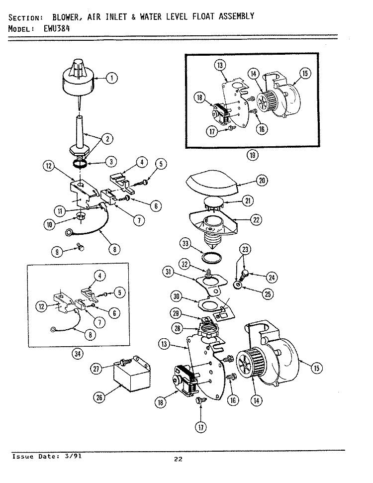 BLOWER / AIR INLET & WATER LEVEL FLOAT Diagram and Parts List for EWU384  Maytag Dishwasher