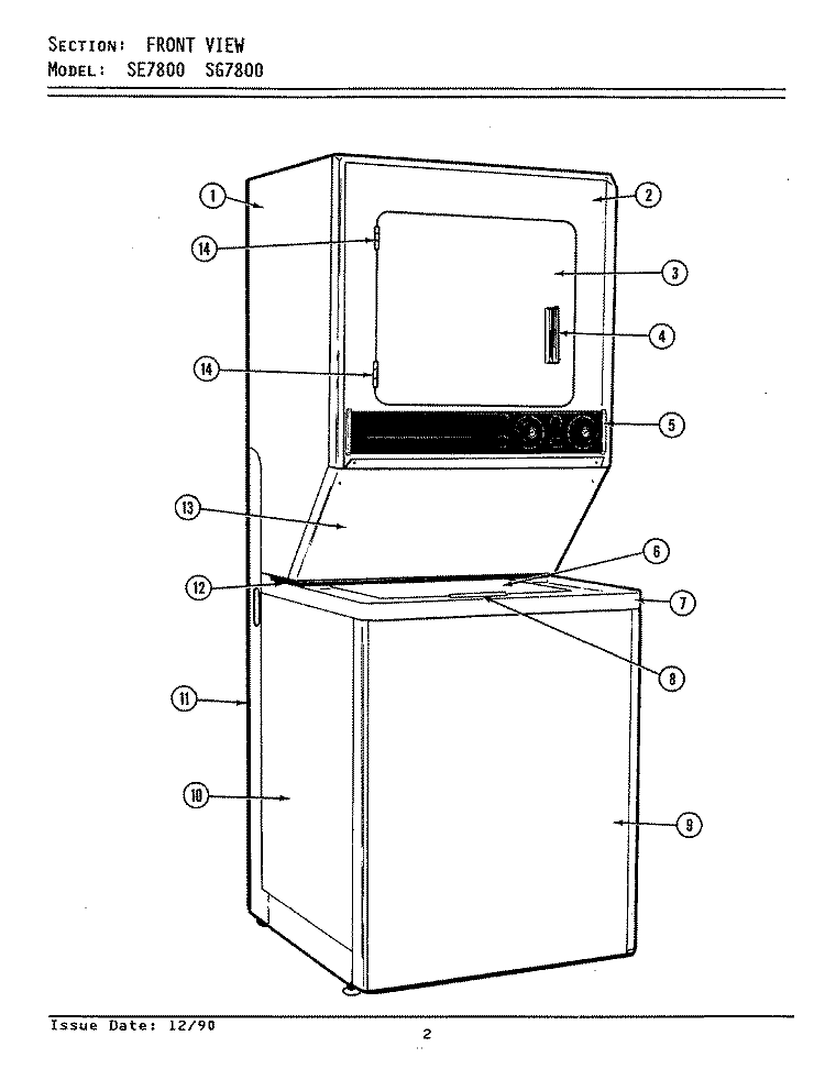FRONT VIEW Diagram and Parts List for LSG7800  Maytag Washer Dryer Combo