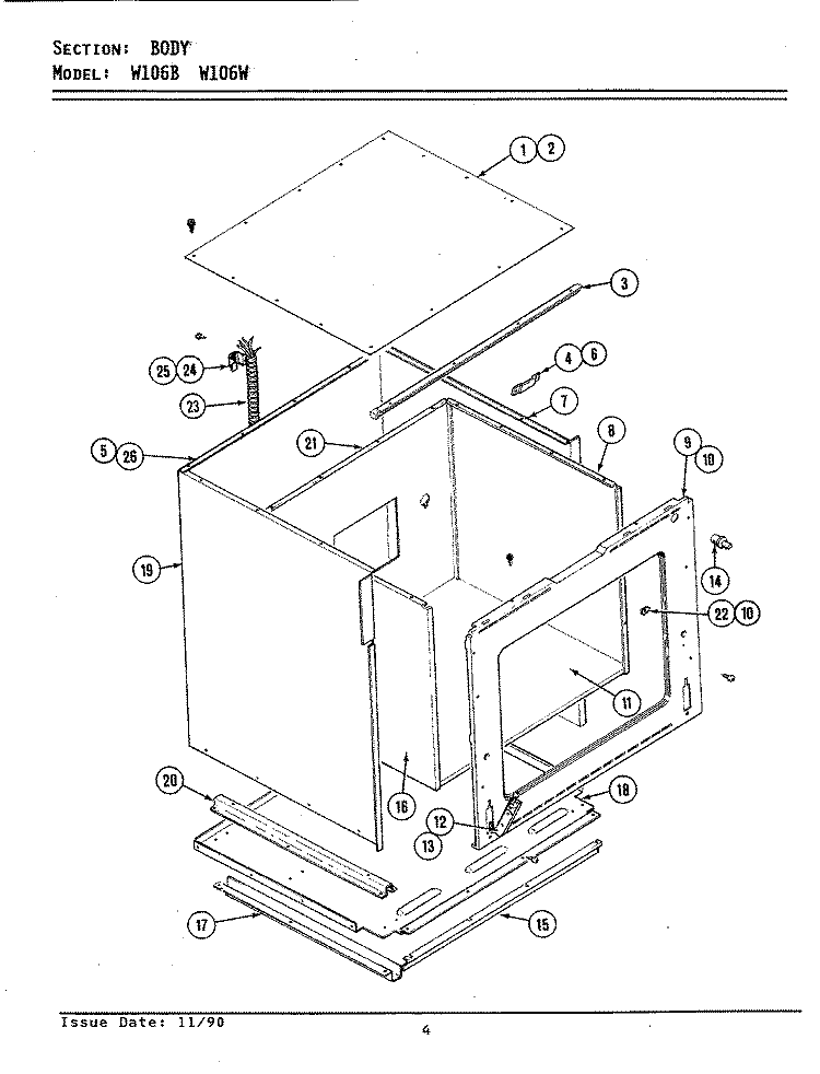 BODY Diagram and Parts List for W106B  Jenn-Air Wall Oven