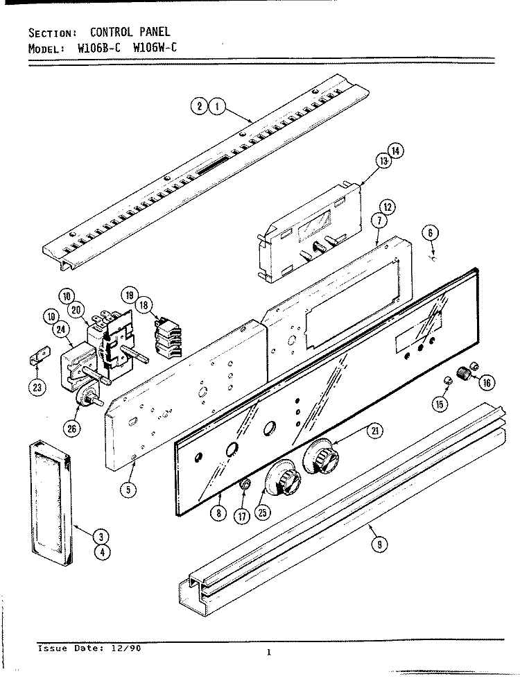 CONTROL PANEL Diagram and Parts List for W106B-C  Jenn-Air Wall Oven