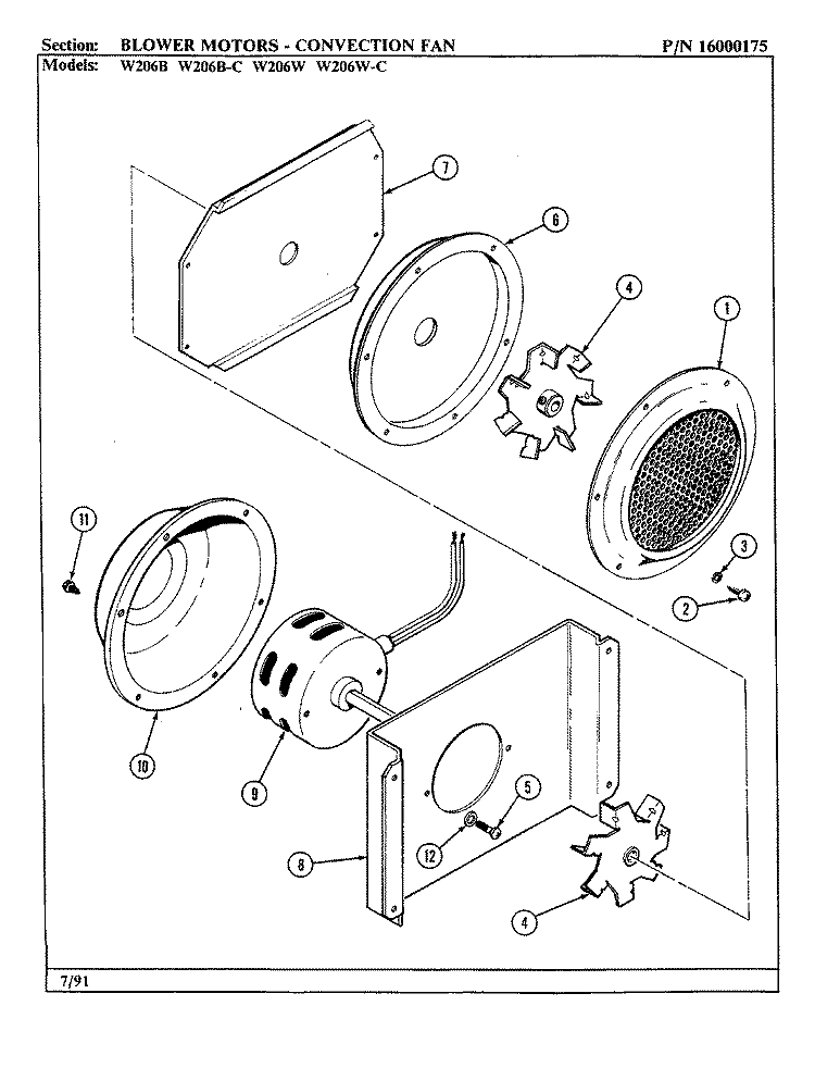 BLOWER MOTOR (CONVECTION FAN) Diagram and Parts List for W206W  Jenn-Air Wall Oven