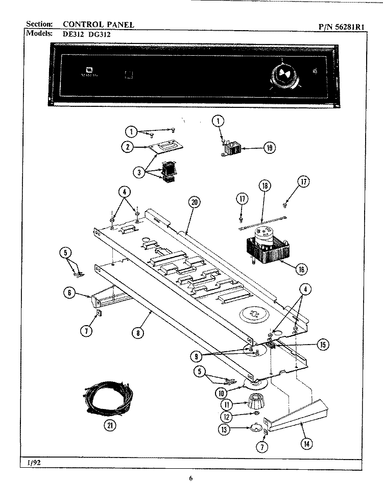 CONTROL PANEL Diagram and Parts List for DE312  Maytag Dryer