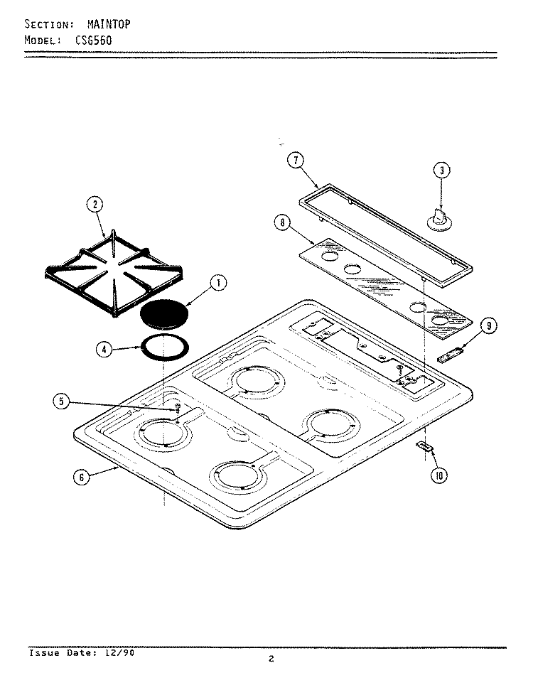MAIN TOP Diagram and Parts List for CSG560  Maytag Cooktop