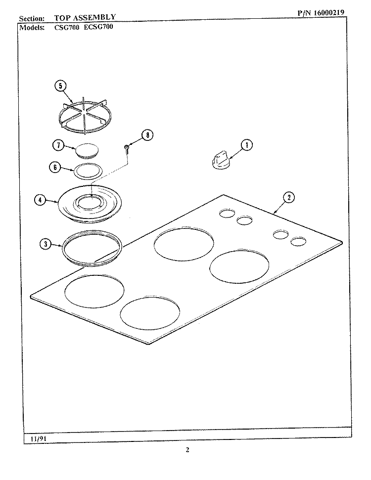 TOP ASSEMBLY Diagram and Parts List for CSG700  Maytag Cooktop