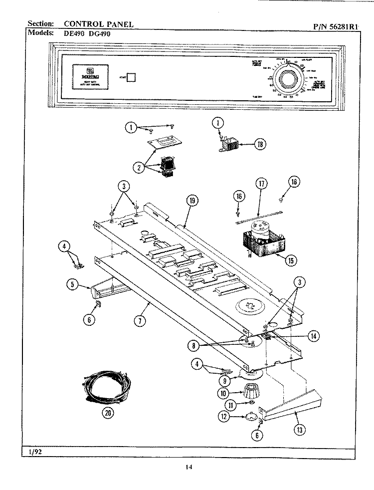 CONTROL PANEL Diagram and Parts List for GDG490  Maytag Dryer