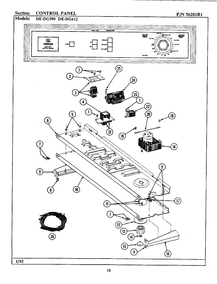 CONTROL PANEL Diagram and Parts List for DE612  Maytag Dryer