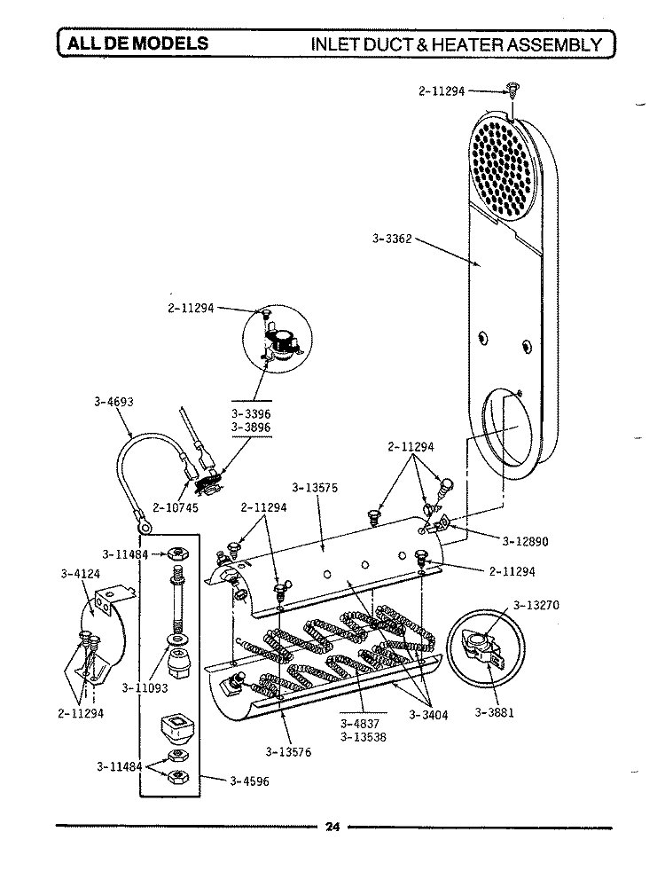 INLET DUCT & HEATER ASSEMBLY Diagram and Parts List for DE106  Maytag Dryer