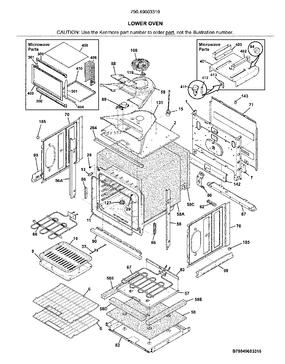 Lower Oven Diagram and Parts List for 79049603319  Kenmore Microwave