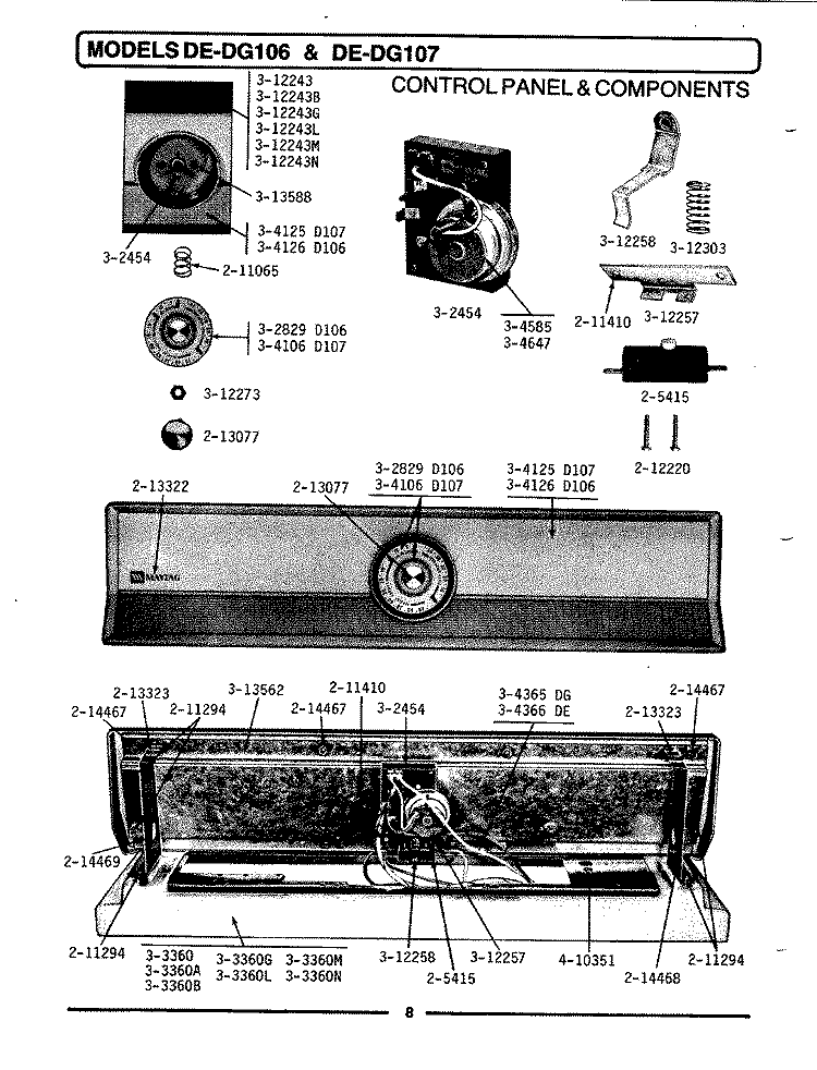 CONTROL PANEL & COMPONENTS Diagram and Parts List for DE106  Maytag Dryer