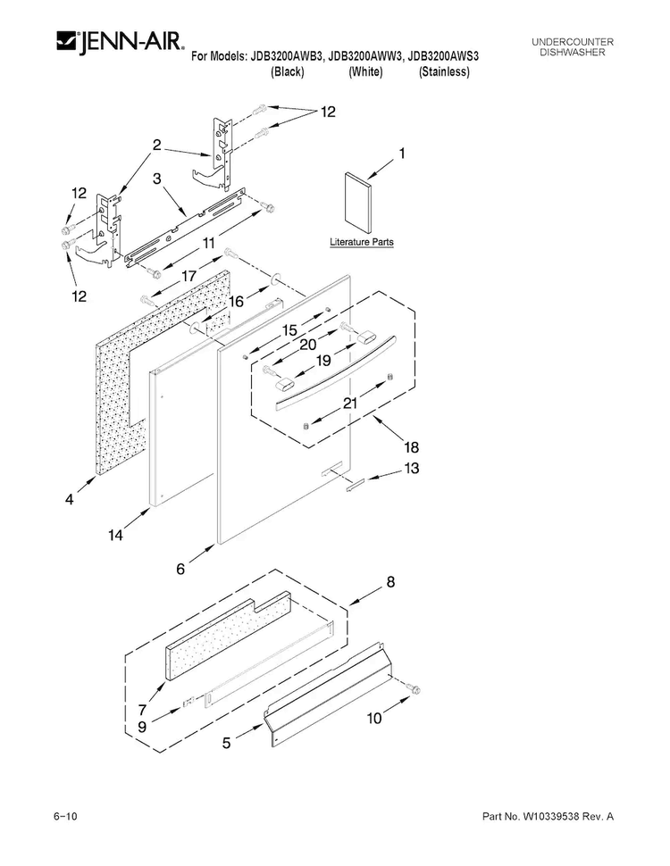 Door And Panel Parts Diagram and Parts List for JDB3200AWW3  Jenn-Air Dishwasher