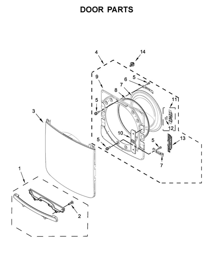 Door Parts Diagram and Parts List for MED6630HC0  Maytag Dryer