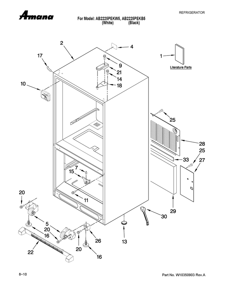 Cabinet Parts Diagram and Parts List for AB2225PEKW5  Amana Refrigerator