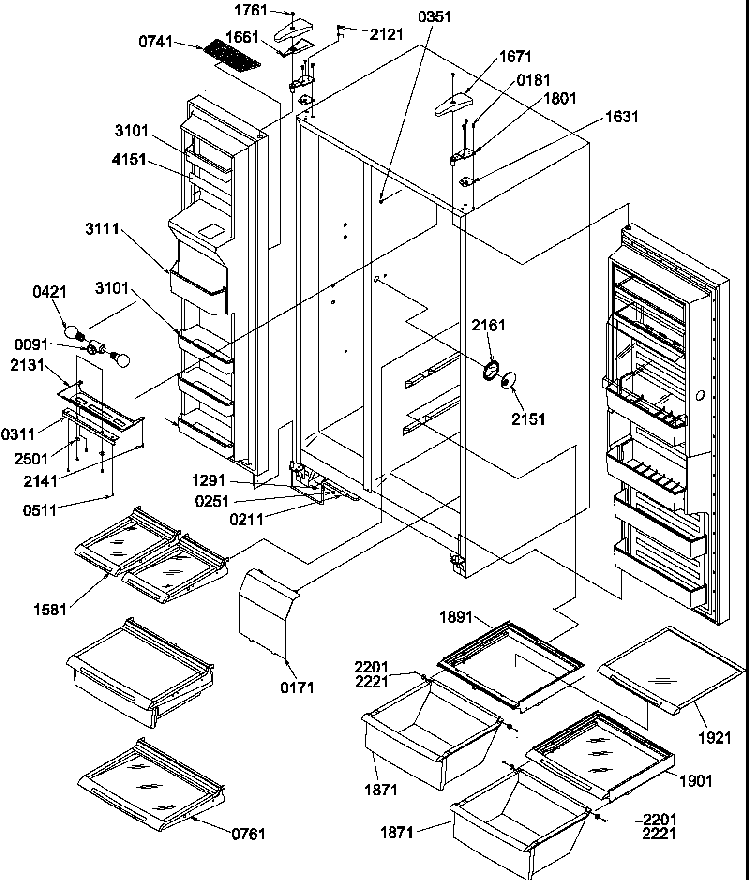 Refrigerator/freezer Shelves, Lights, And Hinges Diagram and Parts List for SRD27S2L-P1190329WL  Amana Refrigerator