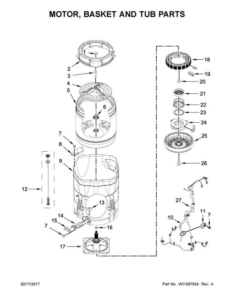 Motor, Basket And Tub Parts Diagram and Parts List for 7MMVWB855EC1  Maytag Washer