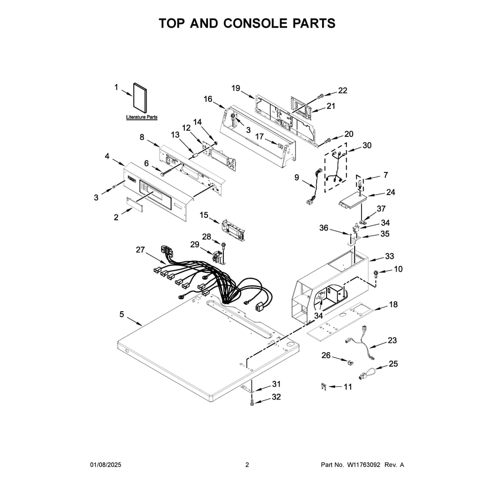 Top And Console Parts Diagram and Parts List for MDE20PDFGW0  Maytag Dryer