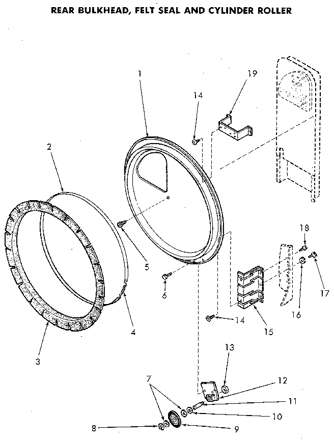 Rear Bulkhead Diagram and Parts List for NG4819L53738  Speed Queen Dryer