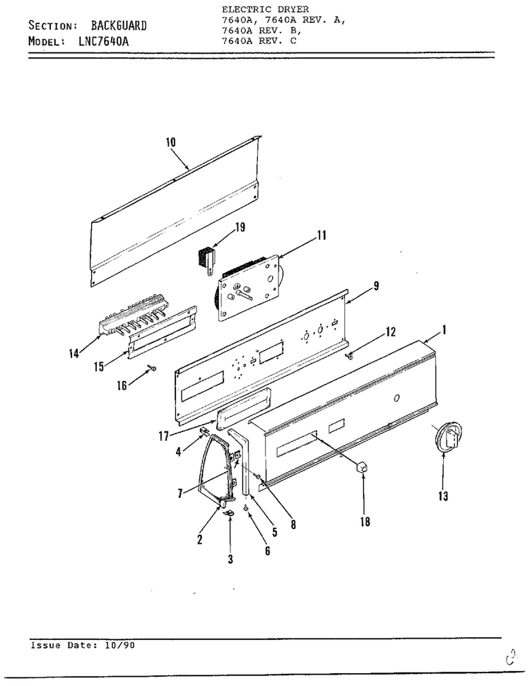 Backguard Diagram and Parts List for 7640A REV D Norge Dryer