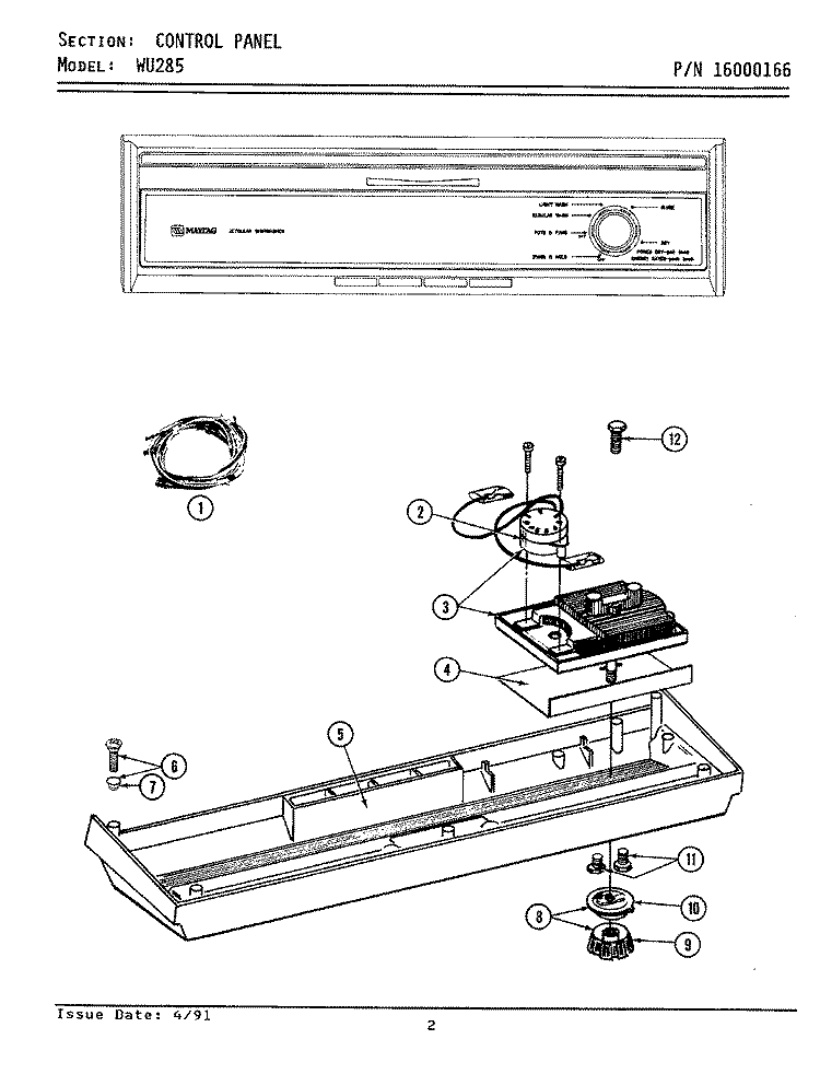 CONTROL PANEL Diagram and Parts List for WU285  Maytag Dishwasher