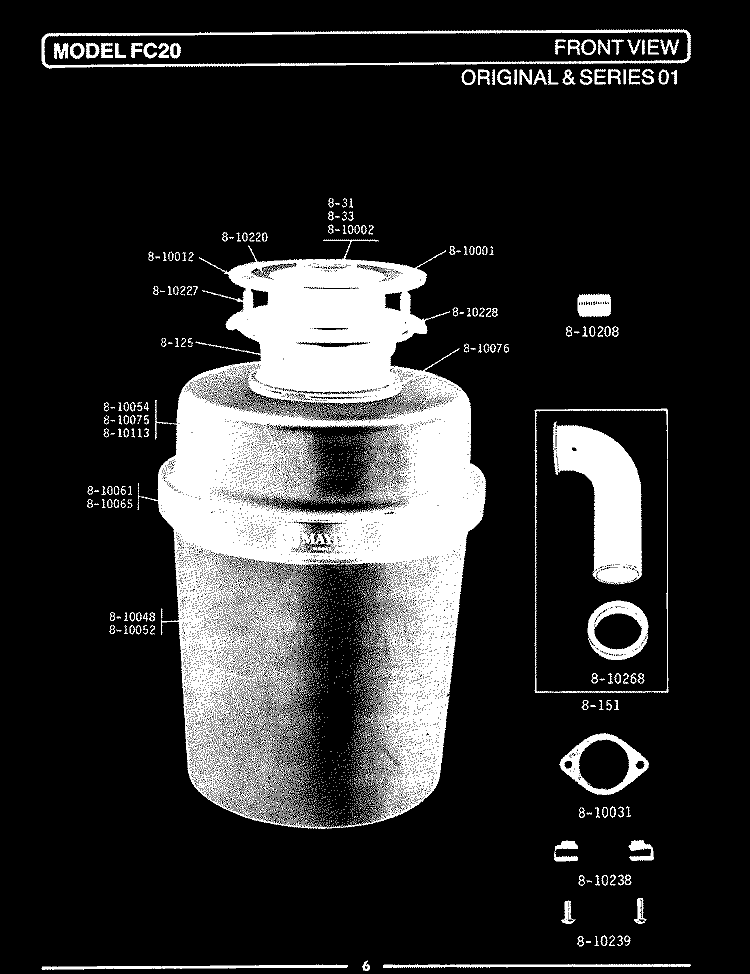 FRONT VIEW (FC20) Diagram and Parts List for FC20  Maytag Food Waste Disposer