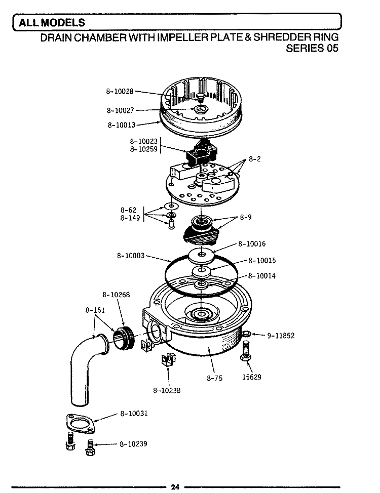 DRAIN CHAMBER / IMPELLER PLATE & SHREDDER Diagram and Parts List for FC20  Maytag Food Waste Disposer