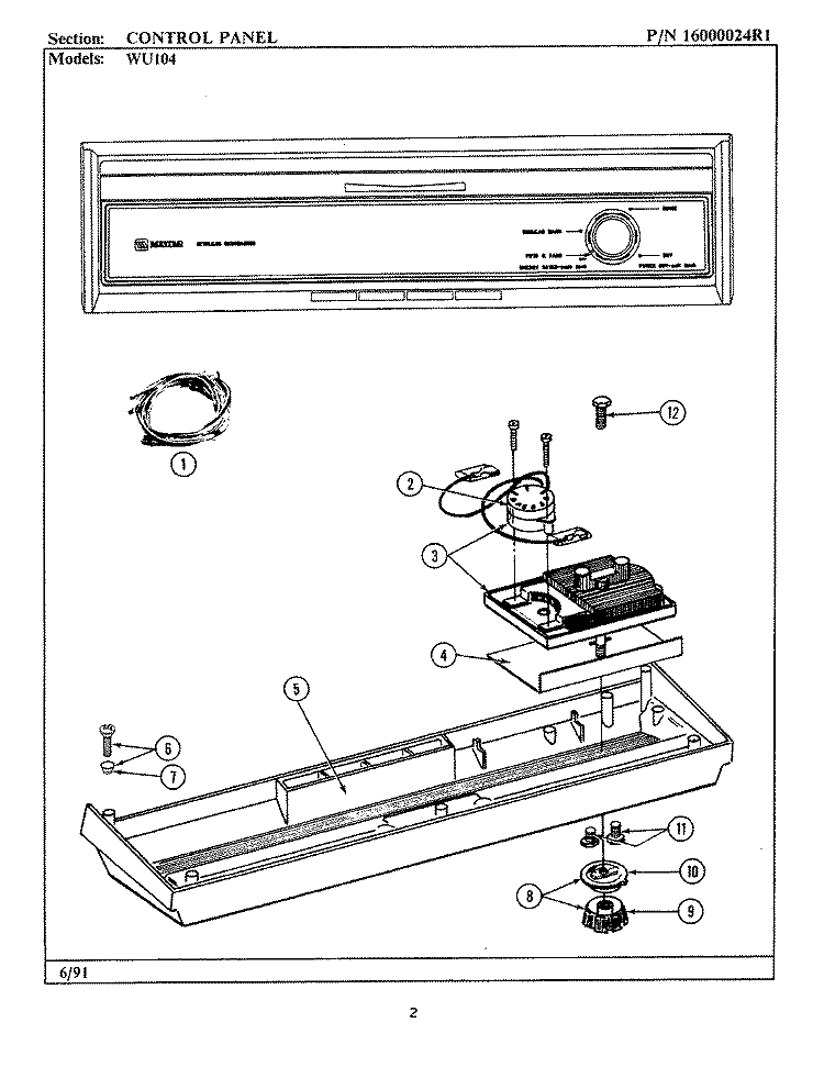 CONTROL PANEL Diagram and Parts List for WU104  Maytag Dishwasher