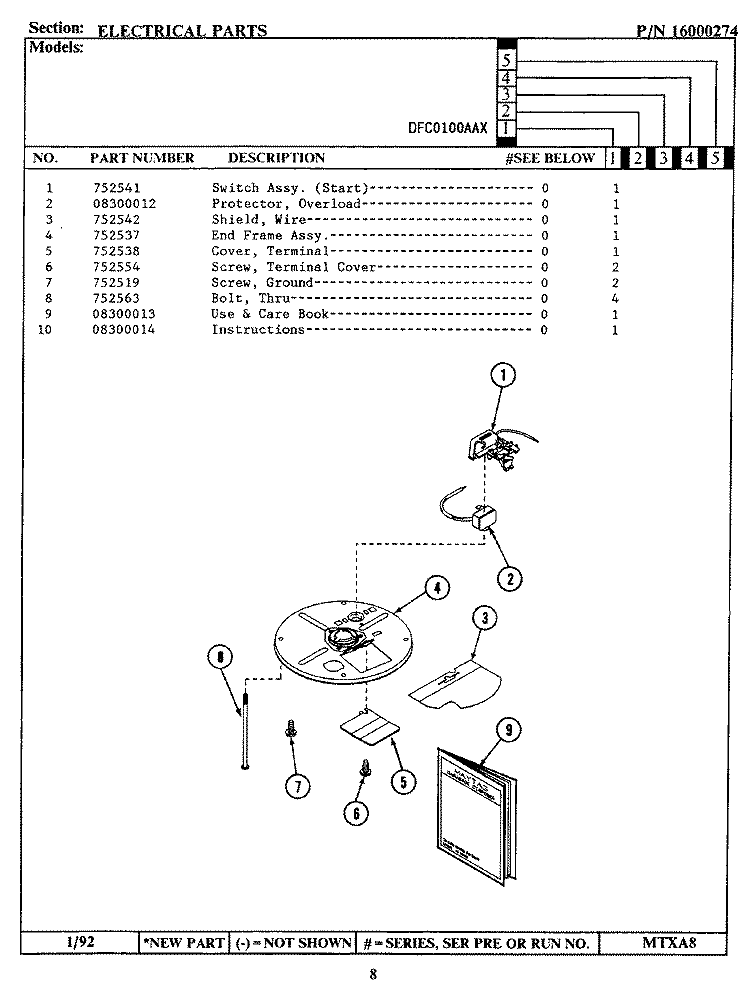ELECTRICAL PARTS (DFC0100AAX) Diagram and Parts List for DFC0100AAX  Maytag Food Waste Disposer