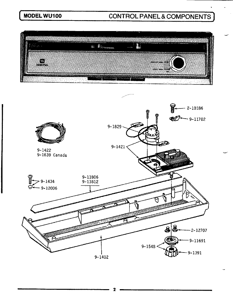 CONTROL PANEL Diagram and Parts List for WU100  Maytag Dishwasher